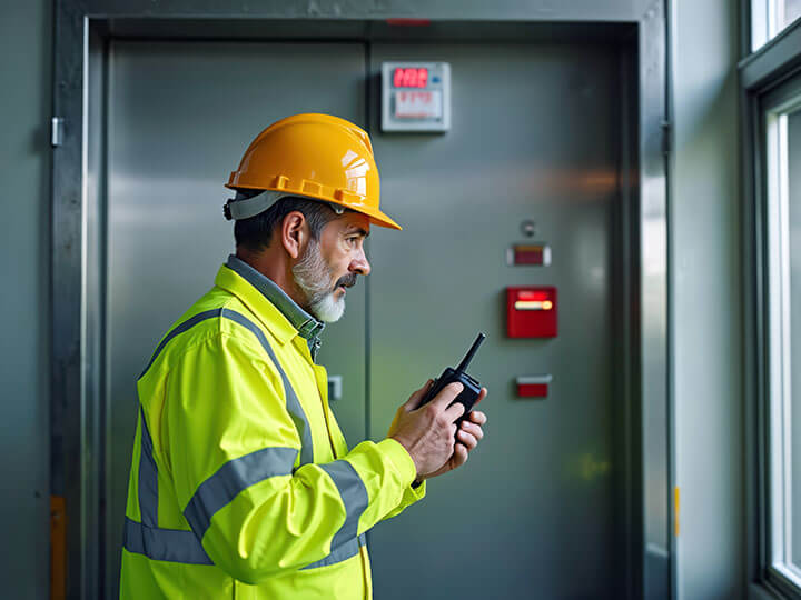 Adult man with white beard and wearing a yellow safety jacket with hardhat helmet checking fire alarm emergency system while talking on portable emergency radio